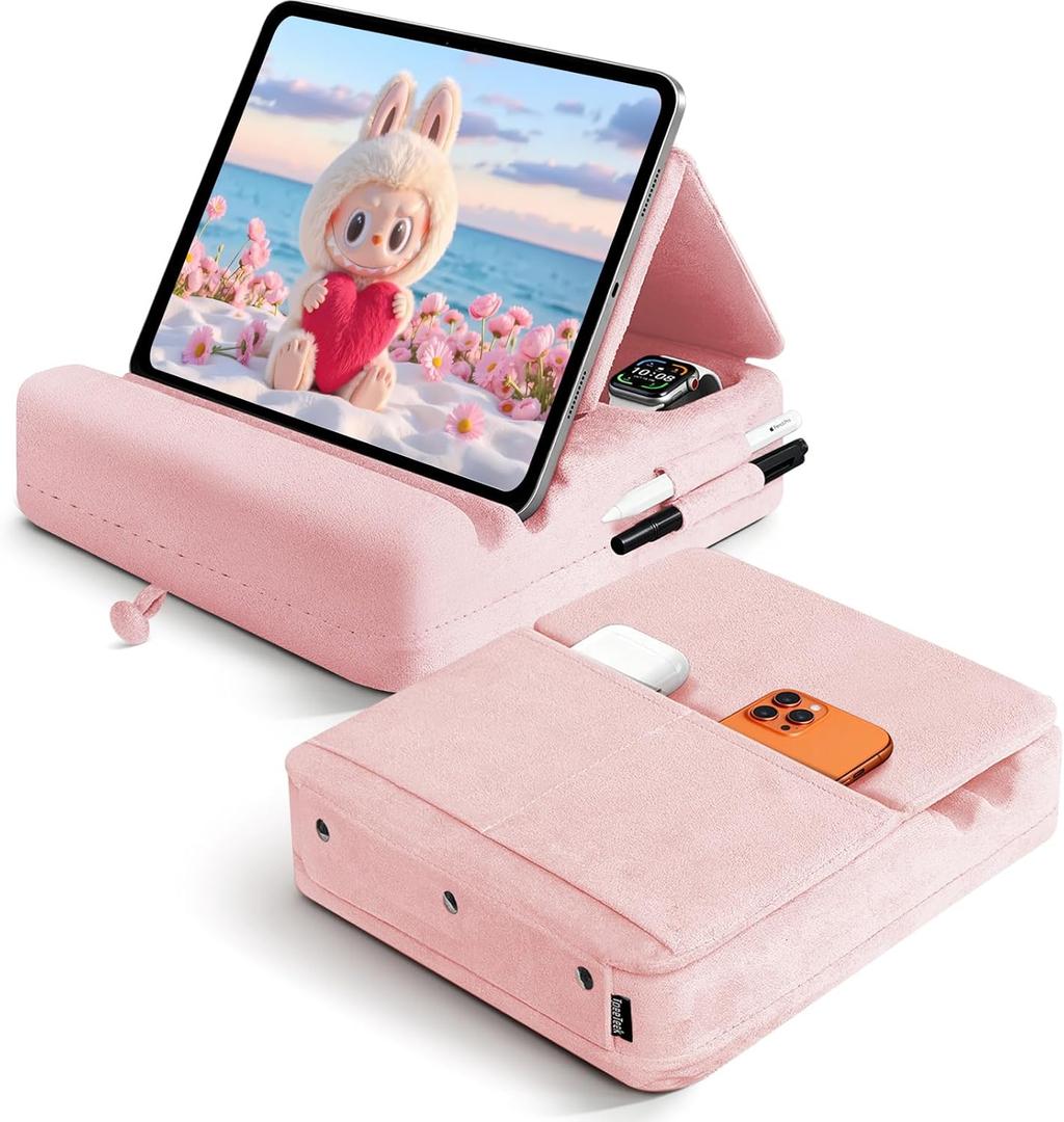 Tablet Pillow Stand with Storage, Foldable iPad Holder for Lep, Bed, Sofa, and Desk - Soft Pad Dock with Pocket and Stylus Mount Compatible with 4-13" iPad Pro/Air/Mini, Galaxy Tab, Kindle (Pink01)