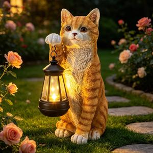 MUMTOP Cat Garden Statue - Cat Solar Lights Outdoor Garden, Resin Orange Cat Sculpture Figurines Holding Lantern for Patio, Yard, Lawn, Gardening Gifts for Women and Cat Lovers