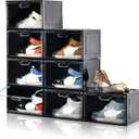 Amllas 8 Pack Shoe Boxes Black Plastic Stackable, Large Shoe Storage Organizer,Drop Side Front Shoe Containers for Entryway,Sneaker Storage Fit up to US Size 13 for Men/Women(13’’x 10.6”x 8.3”)