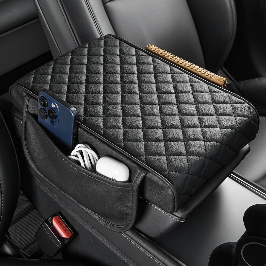 JOYTUTUS Center Console Cover for SUV Sedan, Thick Arm Rest Pad with Storage Bag Leather Middle Console Protector, 12.6" x 7.8" x 2.16"