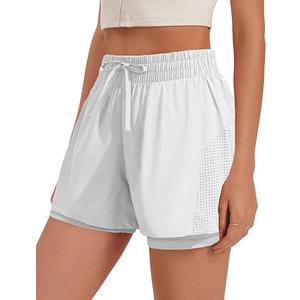 PINSPARK Running Shorts for Women Quick Dry Gym Workout Shorts with Liner Zipper Pockets Drawstring High Waisted Short White XXL