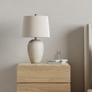 Nourison Home 23" Distressed Cream/Beige Rustic Ceramic Jar Table Lamp for Bedroom, Living Room, Dining Office, with Ivory Shade (Single)