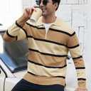 EDITCOZY Men Long Sleeve Polo Shirts Casual Vintage Striped Golf Shirts Knit Rugby Shirt Lightweight Polo Sweater Apricot M