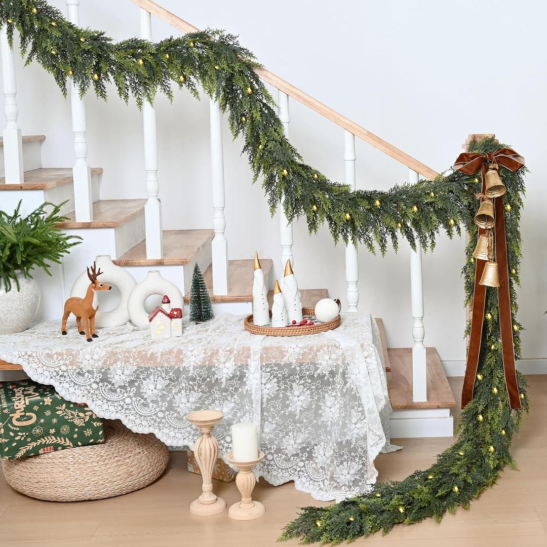 Waipfaru 1 Pcs 15FT Christmas Garland with Lights, Cedar Garland Artificial Realistic, Thick & Lush Faux Pine Garland for Mantle Fireplace Wall Party Outdoor Indoor Christmas Decorations