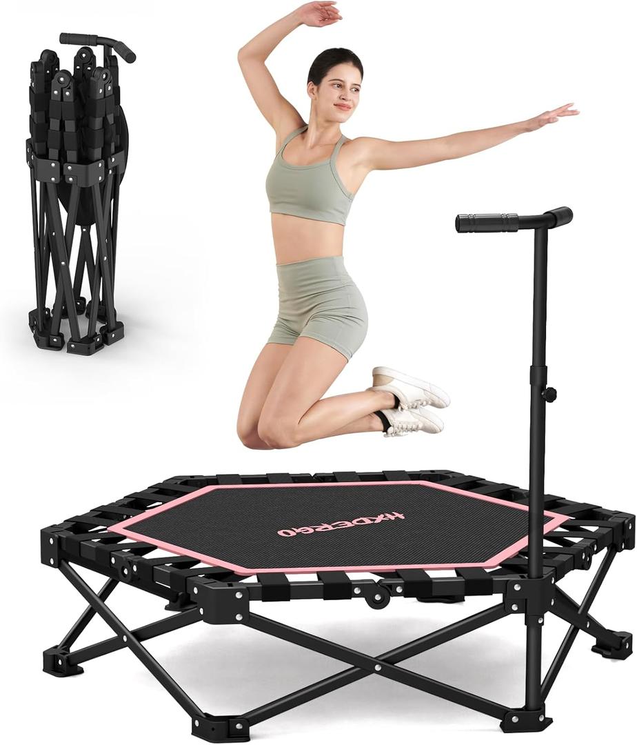 HXD-ERGO 42'' Foldable Mini Trampoline, Rebounder Trampoline with Adjustable Foam Handle, Fitness Trampoline for Indoor, Outdoor, Home Gym, Max Load 460lbs (Pink)