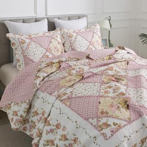 HoneiLife Quilt Set King Size - Fluffy Bedspreads 106x96, Microfiber Quilts 3-Piece, Patchwork Coverlet Rustic Bedding Sets All Season Quilts (Dried Rose Pink-tufted)
