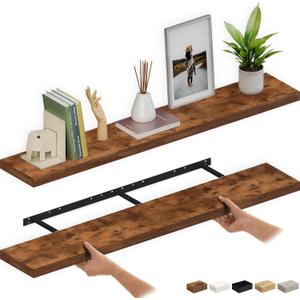 Ballucci Floating Shelves for Wall, 60" Wood Wall Shelf Set of 2, with Invisible Brackets for Bathroom, Living Room, Bedroom, Kitchen, Nursery, 8" Deep, Rustic Brown
