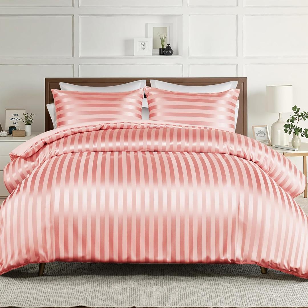 Whale Flotilla 2-Piece Reversible Silky Soft Twin Size Comforter Set, Luxury Stripe Satin Comforter Bedding Set with Satin Pillowcase, Lightweight Duvet for All Seasons, Pink (Twin(68"X88"))