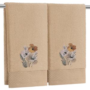 SmoothNovelty 2 Pcs Neutral Boho Floral Hand Towels Light Khaki Bathroom Decor 14x29 Inch Embroidered 100% Cotton Soft Absorbent Spring Summer Decorative Hand Towels for Bathroom Kitchen