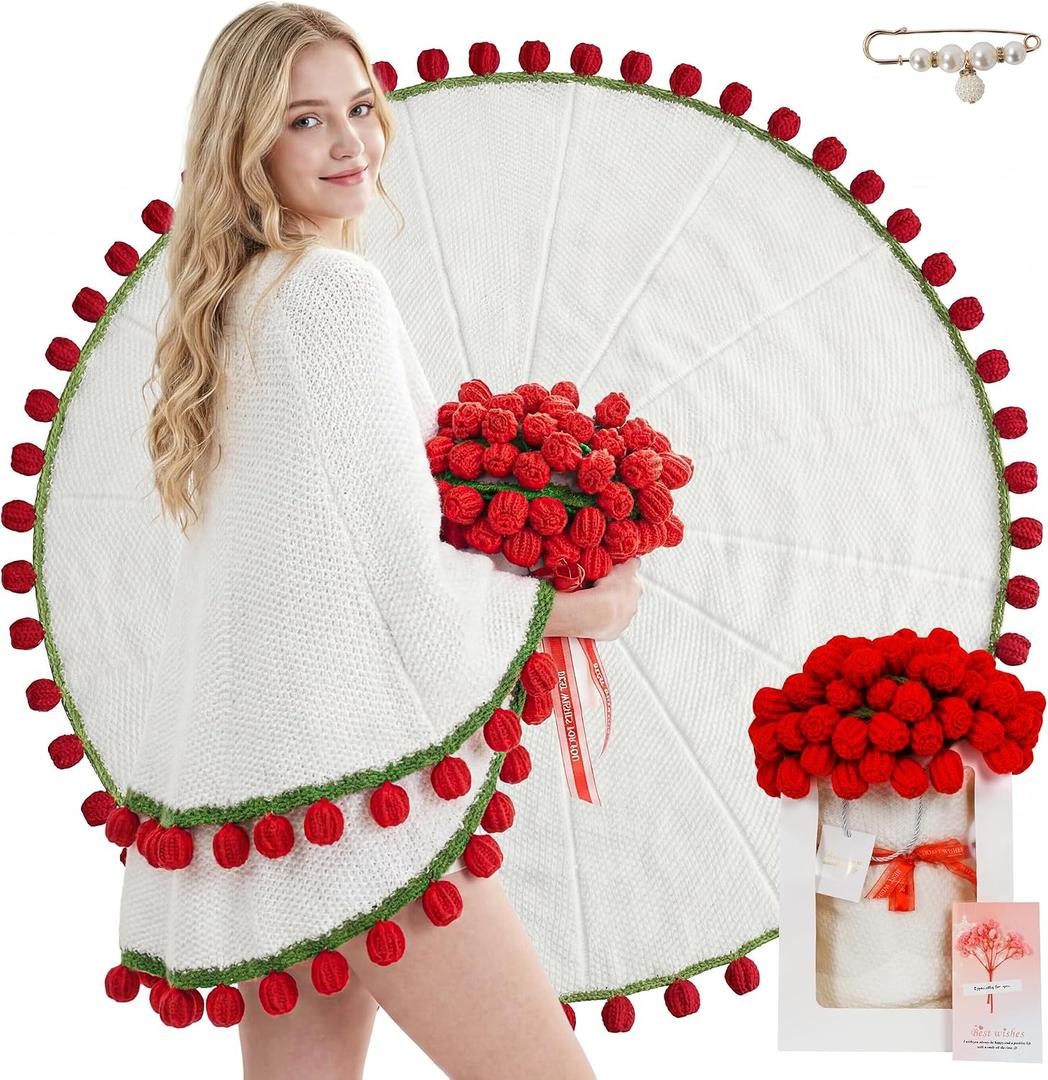 Handmade Knitted Crochet Flower Bouquet Blanket 63in, Birthday Gifts for Women, Anniversary, Wedding, Romantic Gifts for Wife Girlfriend Mom Sister Friends, Throw Blanket, Home Decor