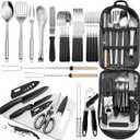 Portable Camping Kitchen Utensil Set-27 Piece Cookware Kit, Stainless Steel Outdoor Cooking and Grilling Utensil Organizer Travel Set Perfect for Travel, Picnics, RVs, Camping, BBQs, Parties and More (Black)