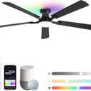 ZMISHIBO 60 Inch Smart Ceiling Fans with RGB Lights, Low Profile Flush Mount Ceiling Fan with Alexa/App/Remote Control, Dimmable 20W LED Light, Black Modern Fan for Living Room, Bedroom, Game Room