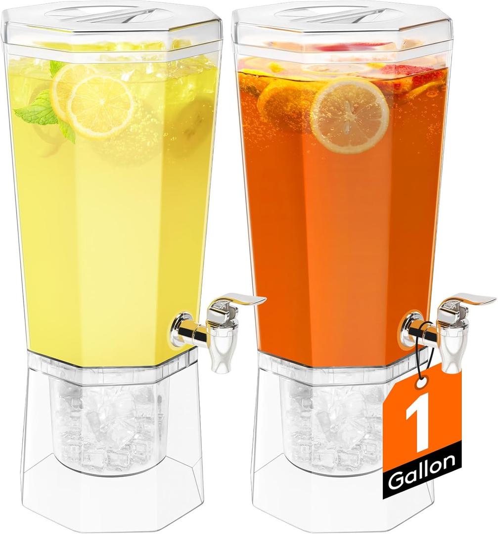 Lifewit 1 Gallon Drink Dispensers for Parties Pack of 2 (in 1 Package), 4L Plastic Beverage Containers with Stand for Juice/Tea/Soda/Water, Clear Ice Lemonade Dispensers with Lid & Leak-proof Spigot