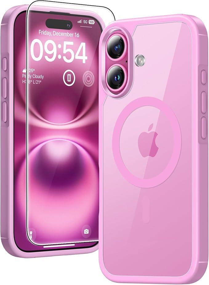 TAURI 3 in 1 for iPhone 16 Case, Compatible with MagSafe [Anti-Yellowing] with 2X Screen Protectors, Military-Grade Protection, Shockproof Slim Magnetic Phone Case for iPhone 16 6.1", Pink