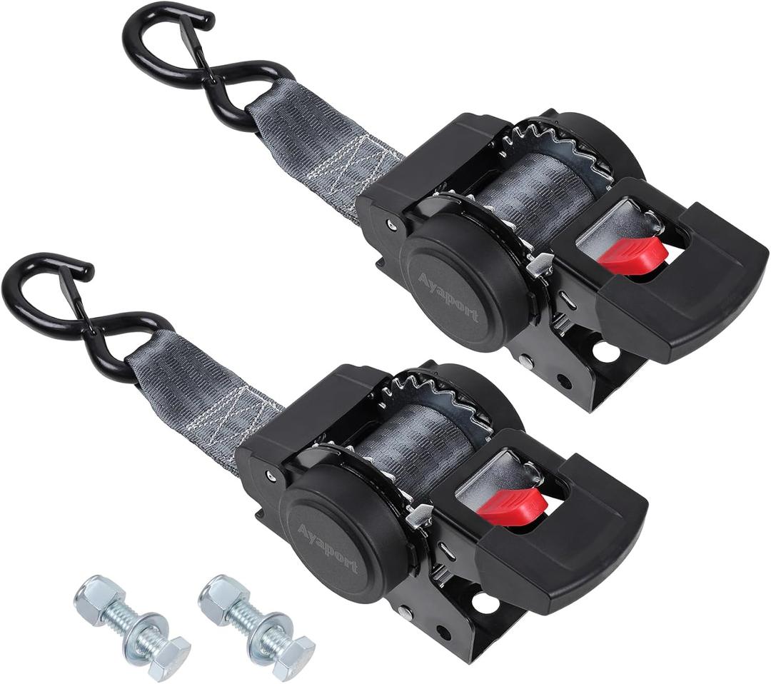 Ayaport Retractable Transom Tie Down Straps 2in X 8ft Boat Tie Down Straps to Trailer- 3300lbs Break Strength, Heavy Duty Bolt-on Ratchet Straps for Cargo, Boat, Motorcycles, ATV, 2pk (Black)