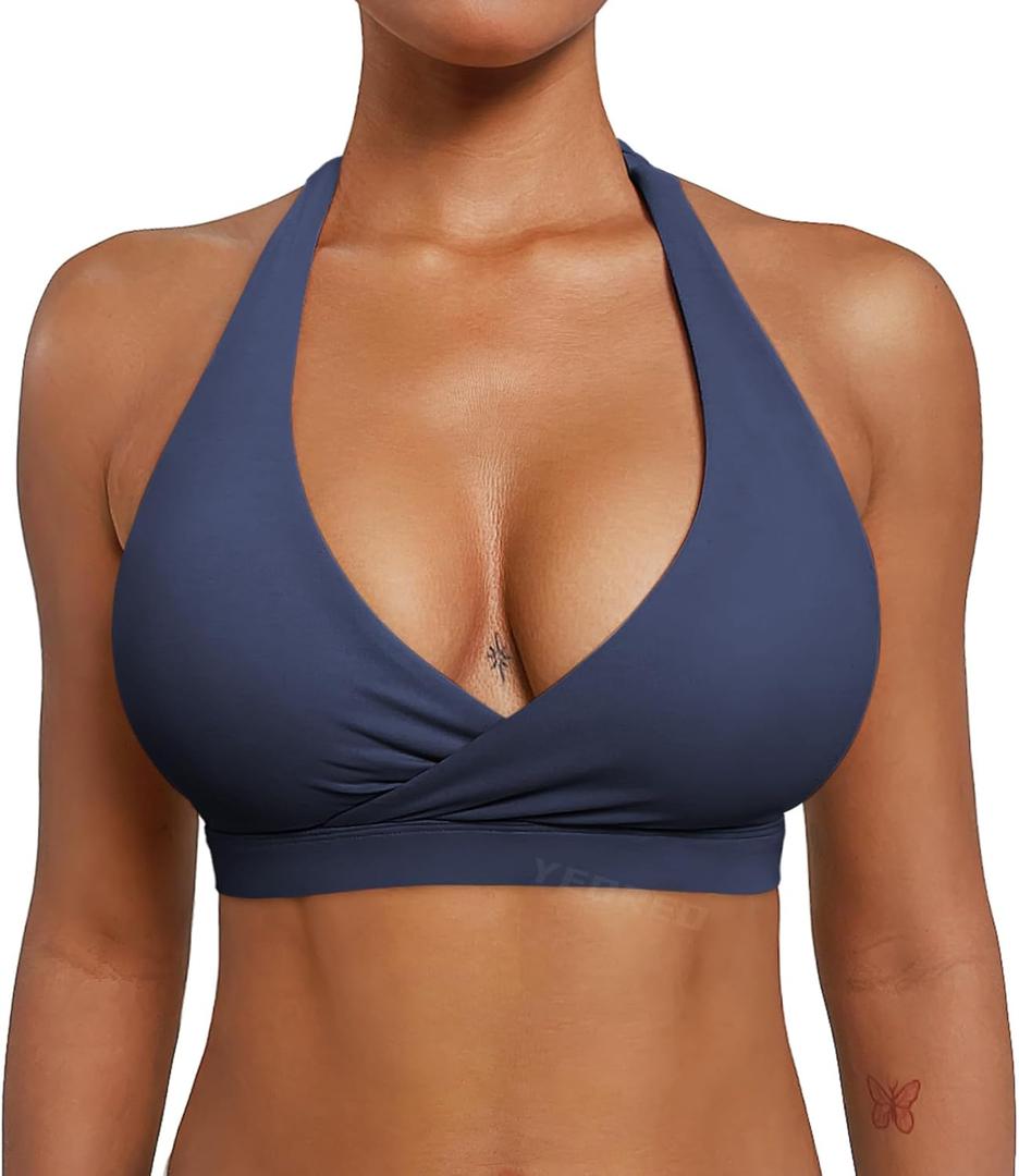 YEOREO LuxFlow Cross Over Workout Halter Sports Bra for Women Backless Gym Bra Padded (Blue, M)