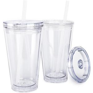 Maars Classic Acrylic Tumbler with Lid and Straw | 24oz Premium Insulated Double Wall Plastic Reusable Cups - Clear, 4 Pack