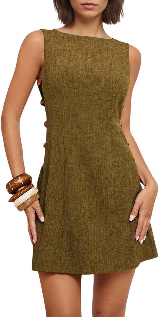 Women Sexy Boat Neck Waist Cut Out Short Tank Dress Y2K Sleeveless Open Back A-Line Mini Dresses with Beads, M 