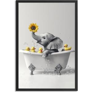 Framed Funny Black And White Bathroom Wall Art Baby Elephant And Toy Duck In The Bathtub Bathroom Signs Picture-Cute Animal Art Bathroom Wall Decor Canvas Prints Ready To Hang (24L" x 16W")