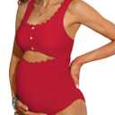 Charmo Maternity One Piece Swimsuit Scalloped Cut Out Ruched High Waisted Scoop Neck Pregnancy Bathing Suit (X-Large, Red)
