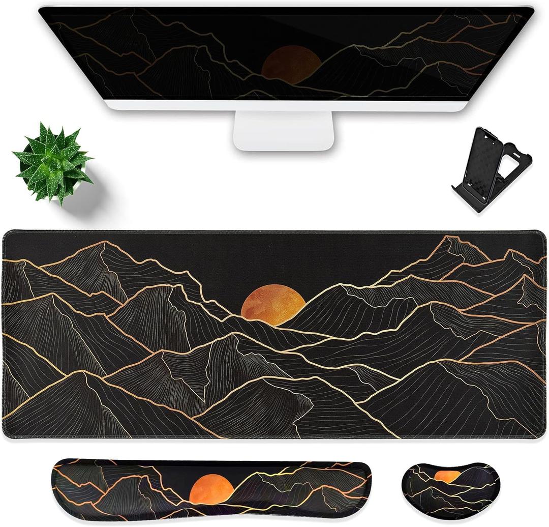 Large Gaming Mouse Pad Waterproof/Mouse Wrist Rest/Keyboard Wrist Rest Set, Non-Slip Rubber Base, Ergonomic Computer Desk Mat with Wrist Support for Keybord and Mouse, Easy Typing&Pain Relief (Golden Mountain)