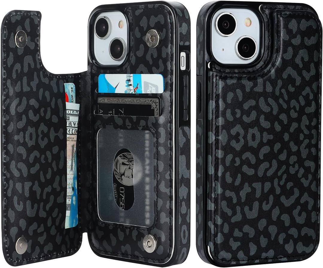 HAOPINSH for iPhone 13/14 Wallet Case with Card Holder, Black Leopard Cheetah Pattern Back Flip Case PU Leather Kickstand Card Slots Case for Women Girls, Double Magnetic Clasp Cover 6.1"