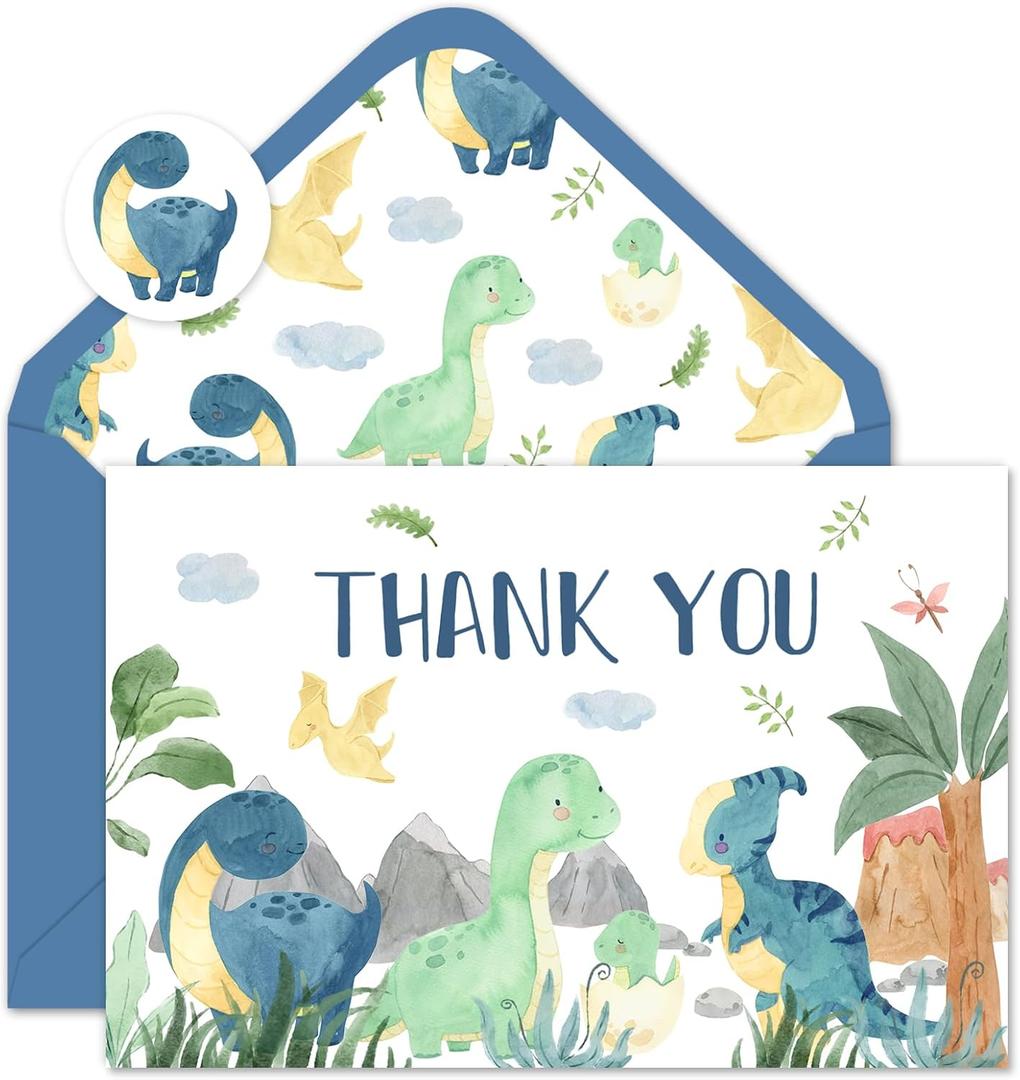 Whaline 50 Pack Dinosaur Thank You Cards Boxed Watercolor Greeting Cards with Envelopes Stickers Blank Note Card for Birthday Baby Shower Party Supplies, 4 x 6 Inch