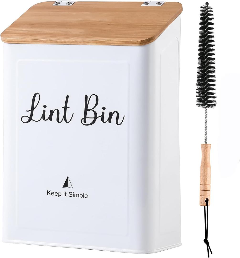 SUBEKYU Magnetic Lint Bin for Laundry Room, Wall Mounted Metal Lint Box Holder with Lid for Dryer,Laundry Room Organization and Storage,Bamboo Lid Lint Basket,White