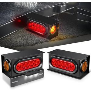 Nilight 2PCS Steel Trailer Light Boxes Housing Kit w/ 6Inch Oval Red Tail Lights 2 Inch Round Amber Side Marker 3LED License Plate Lighting w/Grommet Plugs