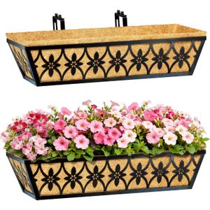 24 Inch Window Boxes Planters Railing Planter Box - 2 Pack Deck Railing Planter Boxes with Adjustable Brackets Coco Liners Balcony Planters Railing Hanging for Window Flower Boxes Outdoor Garden Decor