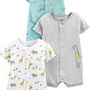Simple Joys by Carter's Baby 3-Pack Snap-up Rompers (Aqua Blue Forest Animals/Grey Mini Stripe/White), Size: 12 Months