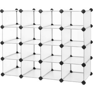 SONGMICS Shoe Rack with 16 Cubes, Interlocking Plastic Shoe Organizer, DIY Storage Cabinet for Closet Entryway Bedroom Garage, Space Saving Design, 12 x 35.1 x 27.2 Inches, Transparent ULPC445W02