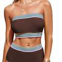 Herseas Women's 2 Pieces Bandeau Bikini Color Block Swimsuits 2025 Summer Off Shoulder High Waisted Bathing Suit (XXL)