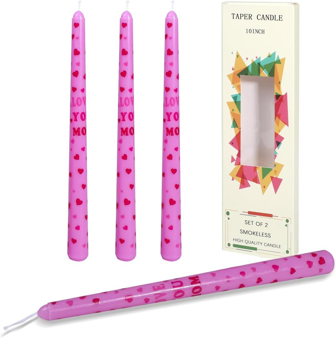 10 Inch Taper Candle & Heart Print Unscented Candles - Mother's Birthday Gift & Home Decor