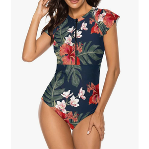 Wolddress Women Modest One Piece Bathing Suit Short Sleeve Tummy Control Swimsuit Zipper Surfing Athletic Rash Guard Size XXL