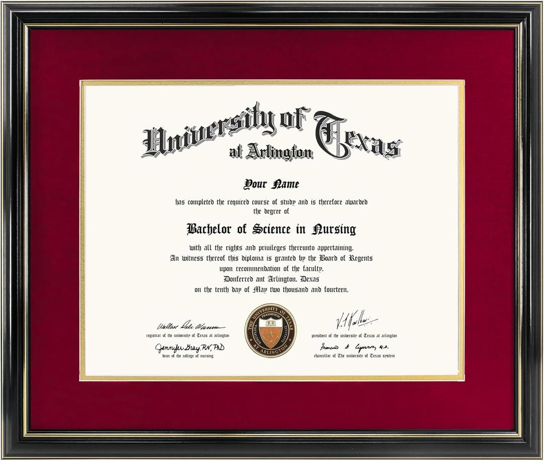 GraduationMall 11x14 Diploma Frame with Red over Gold Mat or Display 15x18 Certificate without Mat,Solid Wood & UV Protection Acrylic,Glossy Black Finish with Gold Trim