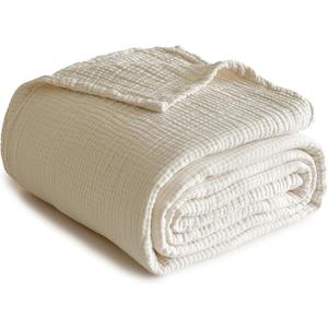 Simple&Opulence 100% Cotton Muslin Blanket Twin Size, Lightweight Breathable 4 Layering Gauze Blanket for Bed Couch Camping, Soft Bedspread Coverlet All-Season Use (Off White, 68"x86")
