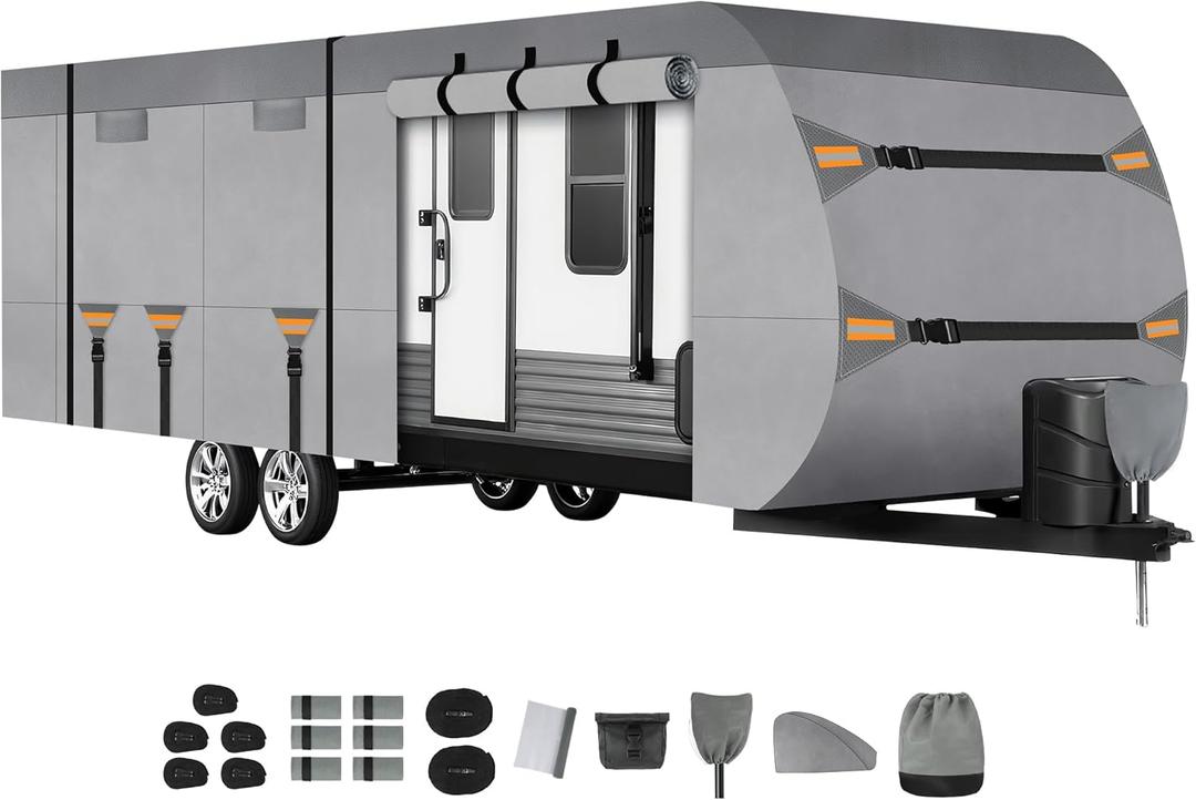 Kingfun Rv Cover Fits 27-30 Ft Travel Trailer Cover, Heavy Duty Camper Cover, with Windproof Straps, Gutter & Tongue Jack Covers, Utility Travel Trailer Cover for All Weather Protection