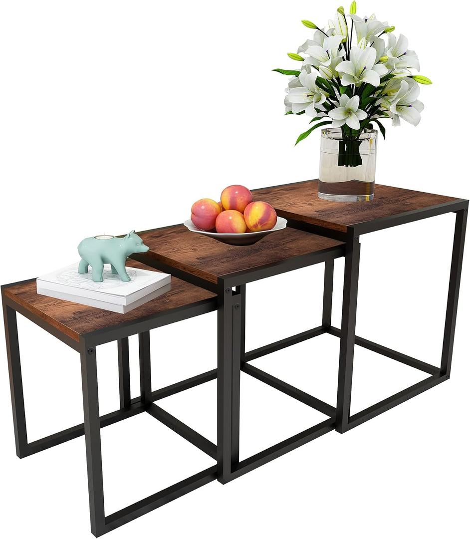 Nesting Table Set of 3 Side Tables, Modern Coffee Table Stacking End Table with Metal Frame Brown, 17.72"D x 17.72"W x 19.69"H