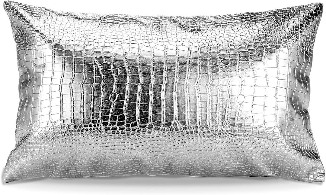 Artscope Silver Throw Pillow Covers Cases for Couch Sofa Home Decoration Solid Dyed Crocodile PU Faux Leather Both Sides Cushion Cover 12 x 20 Inches, 30x50cm