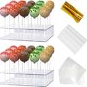 2 Pack Cake Pop Stand with Sticks Kit, Acrylic Lollipop Hold Stand, Clear Cake Pop Display Holder, 15 Holes Candy Pop Holder with 100 Pcs Sticks, 100 Pcs Clear Wrappers, 100 Pcs Gold Twist Ties
