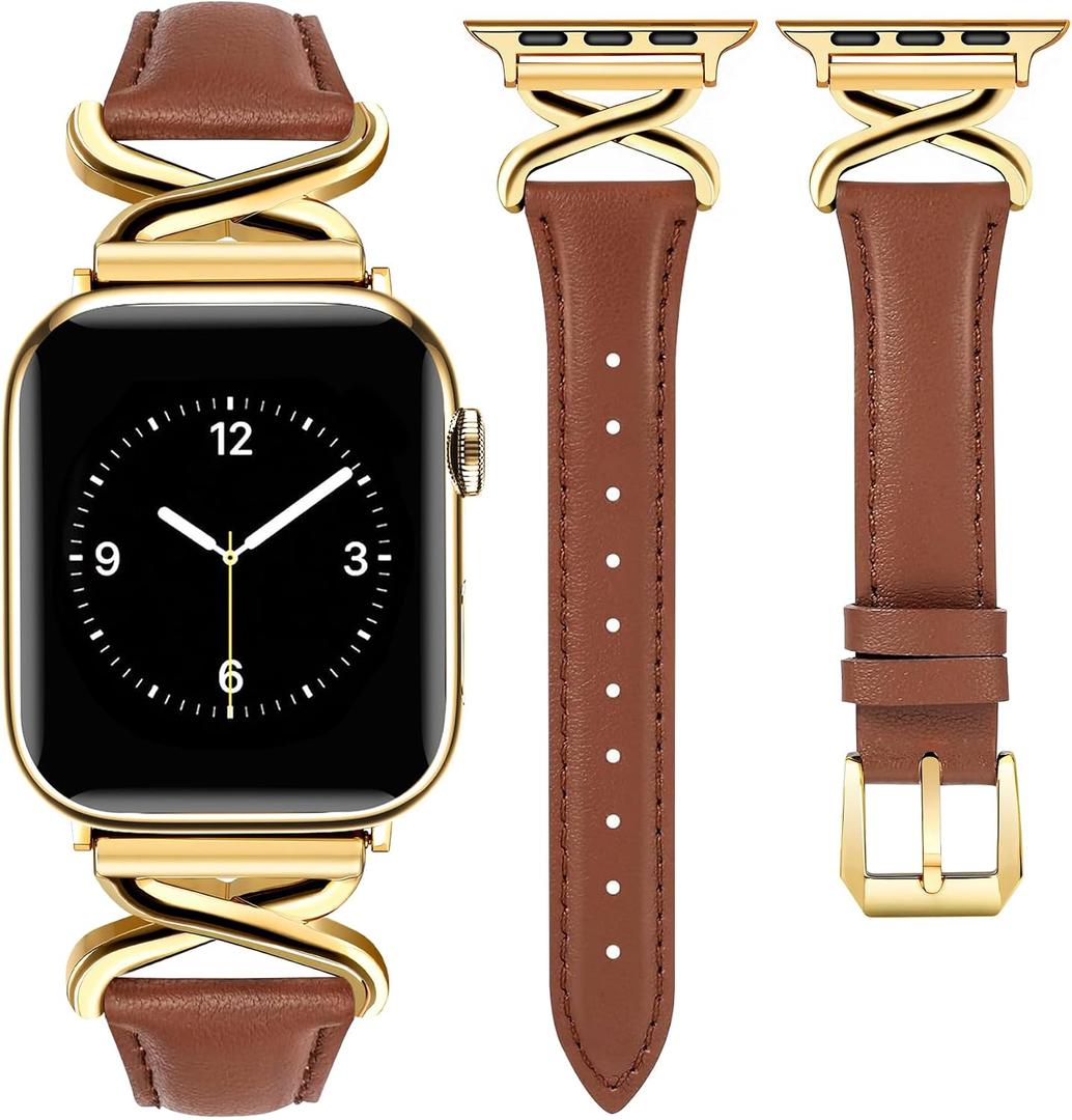 JR.DM Leather Bands Women Compatible with Apple Watch 40mm 38mm 44mm 45mm 41mm 42mm 46mm 49mm Dressy Slim Fancy Designer Strap with X-Shaped Metal Crown for iWatch Series Ultra/SE/11/10/9/8/7/6/5/4/3/2/1