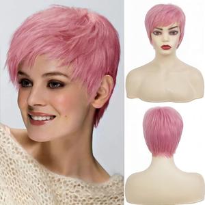 Short Pink Wig for Women Layered side Part with Bangs Wigs Synthetic Hair Pixie Cuts Wigs for Cosplay Halloween Party Use