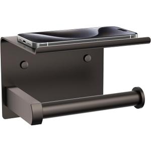 Tindbea Toilet Paper Holder with Phone Shelf, Adhesive or Screw Wall Mount Toilet Tissue Roll Holder, Rustproof & Multifunctional Stainless Steel Bathroom Storage Dispenser (Bronze)