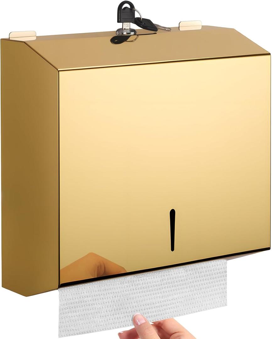 Wall Mounted Stainless Steel Paper Towel Dispenser with Lock, Polished Mirror Finish, Fits C-Fold, Tri-Fold and Multi-Fold Hand Towels, Commercial Restroom & Bathroom Use (Medium-gold)