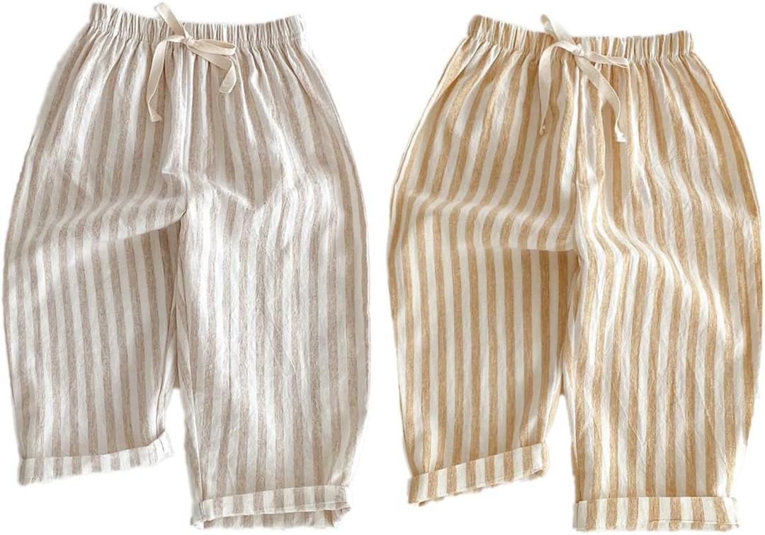 Ashmyova Classic Casual Pants for Boys Thin Cotton Stripe Elastics Waist Spring Summer Trousers Toddler Long Pants 2Pcs (18-24 Months, Yellow/Khaki)