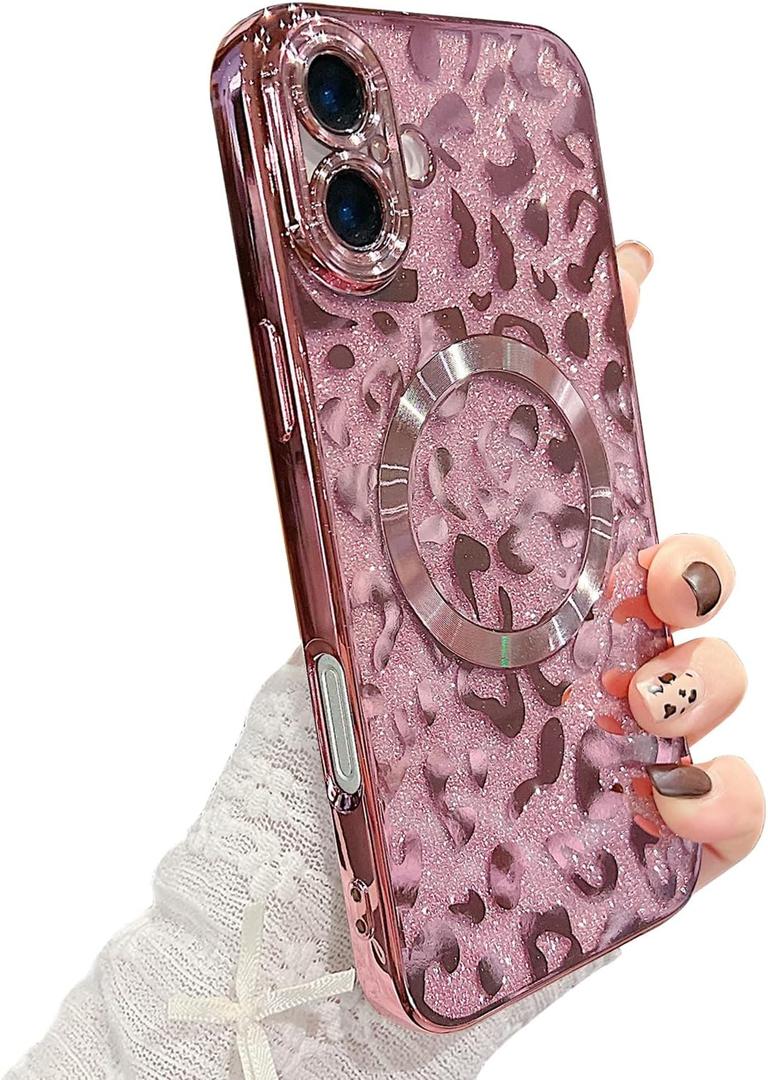 ZONRW for iPhone 16 Plus Case Magnetic,Soft Cute Luxury Leopard Cheetah Pattern Plating Glitter Bling Phone Case Compatible with MagSafe Clear Shockproof Back Cover for Women Girl 6.7"-Pink