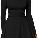 Kaximil Women's Crew Neck Long Sleeve Corset Mini Dress Ruffle Hem Short Party Club Dresses, M