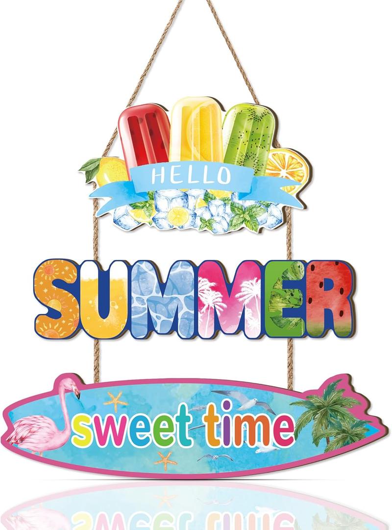 Hello Summer Door Sign,Summer Wreath for Front Door,Beach Wall Sign Flip Flop,Lolly Ice Cream Popsicle Decor,Rustic Farmhouse Flamingo Hawaii Pool Beach Plaque for Yard Outdoor Garden Porch (Blue & Colourful)