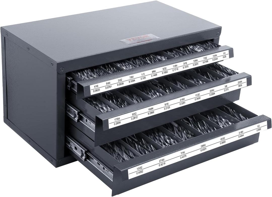 VEVOR Drill Bit Dispenser Cabinet, Three-Drawer Drill Bit Dispenser, Drill Bit Organizer Cabinet, Drill Dispenser Organizer Cabinet for Jobber Length Fractional Size 1/16" to 1/2" in 1/64" Increments